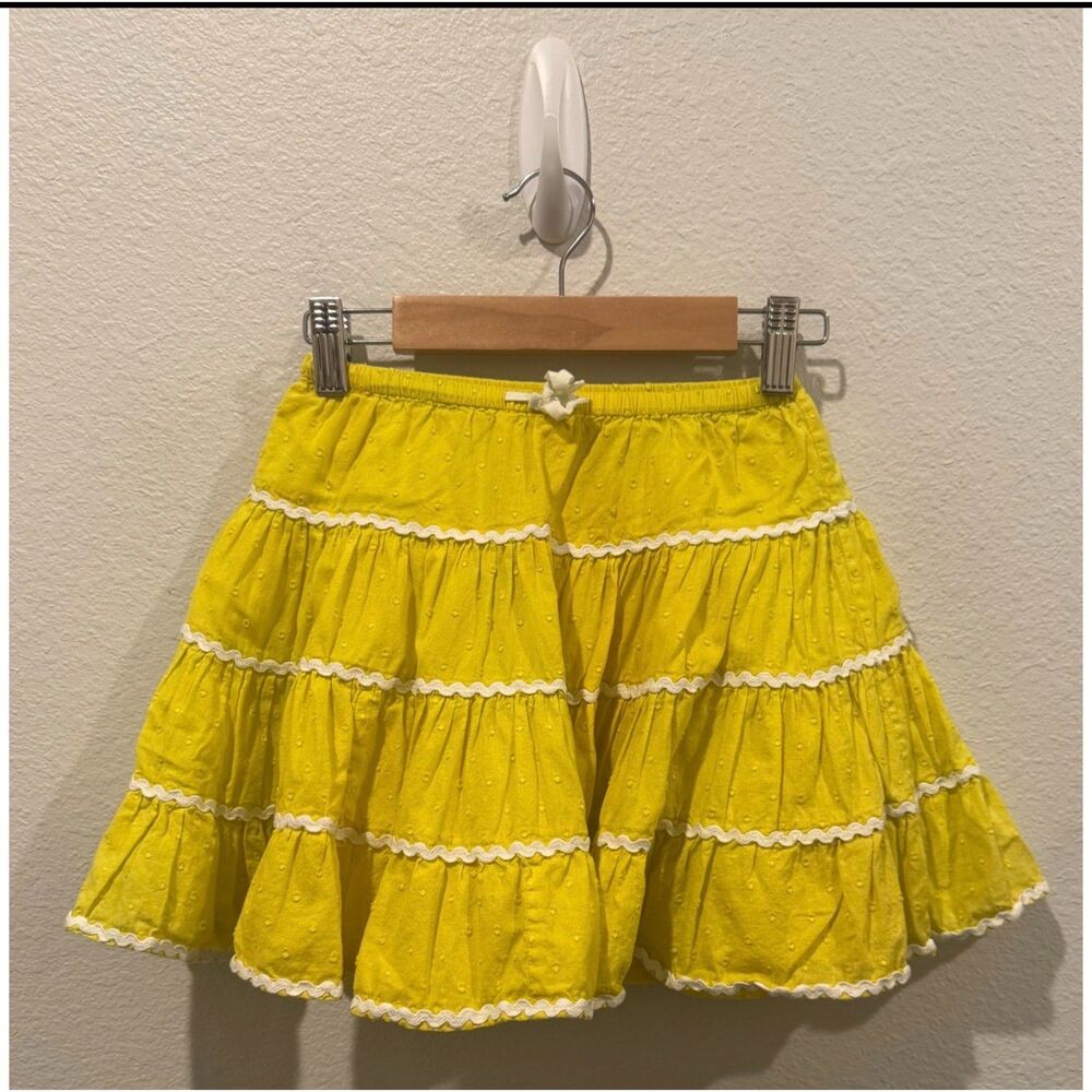 MINIBODEN Girls Yellow Tiered Skirt Cotton Lace Trim
